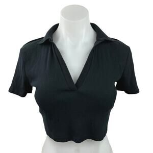 Zara Black V-Neck Collar Ribbed Knit Short Sleeve Polo Shirt Crop Top Size M
